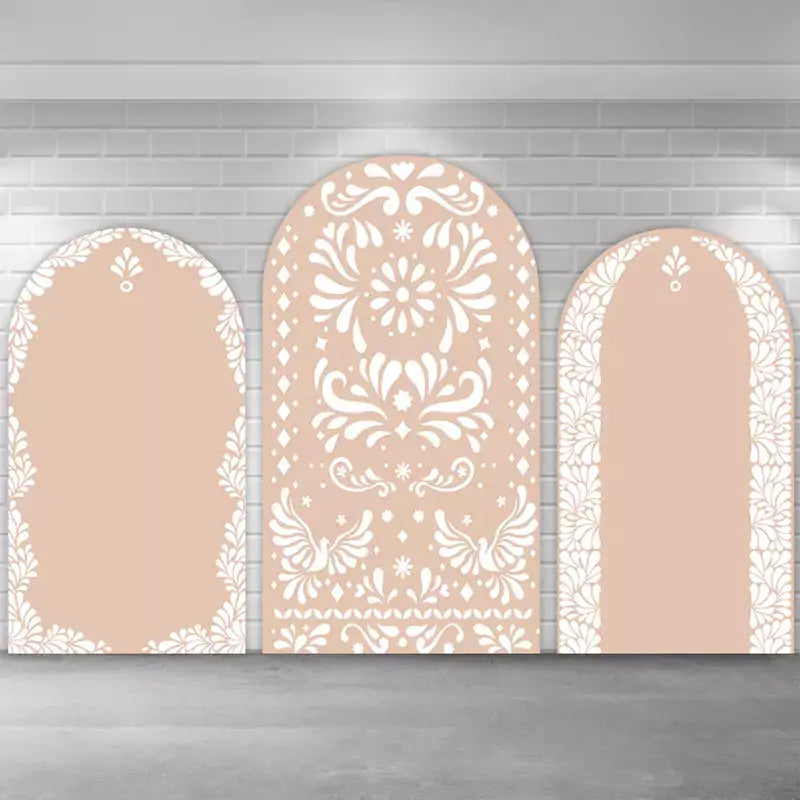 Neutral-toned arch backdrop set featuring intricate white lace-inspired floral motifs on beige background, ideal for boho-themed weddings, photo shoots, or modern event decor.
