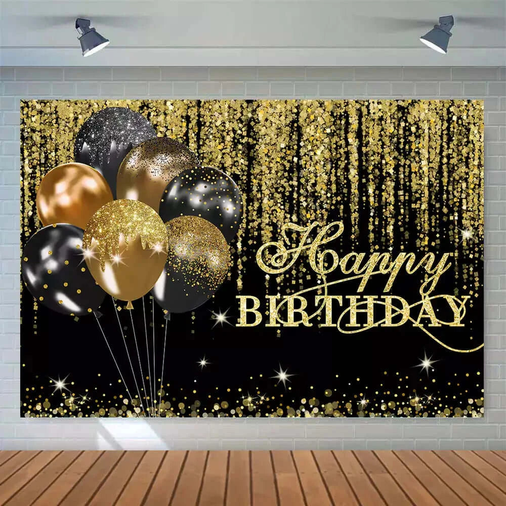 Black and Gold Balloons Glitter Adult Birthday Party Backdrop For Photography