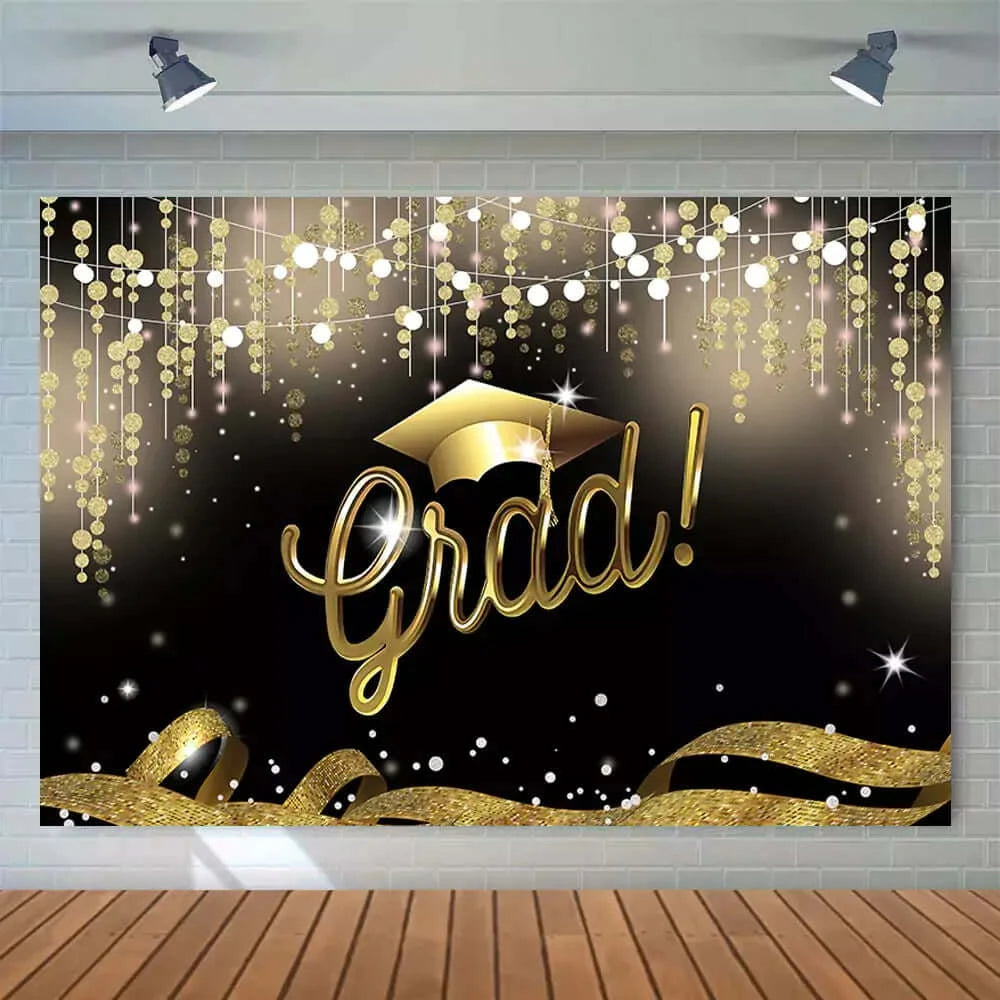 Black and Gold Glitter Congratulation Graduation Graduate Party Backdrop