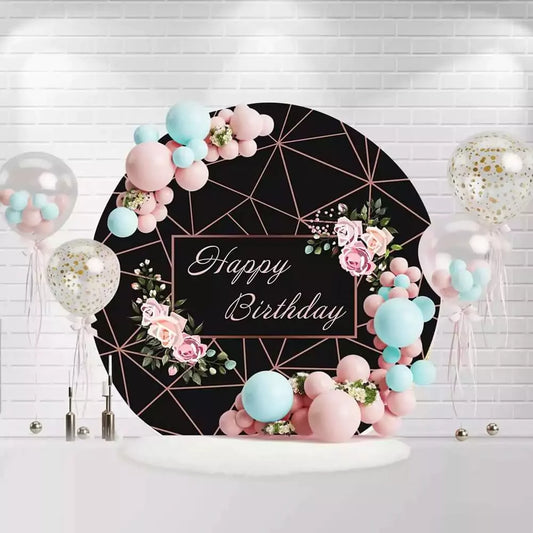 Round Happy Birthday backdrop with black geometric design and pink roses