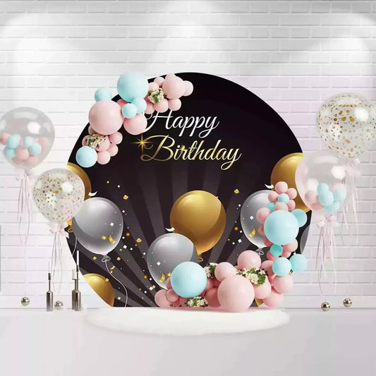 Round Happy Birthday backdrop with black background and gold silver balloons