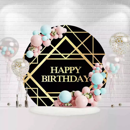 Round Happy Birthday backdrop with black background and gold geometric pattern