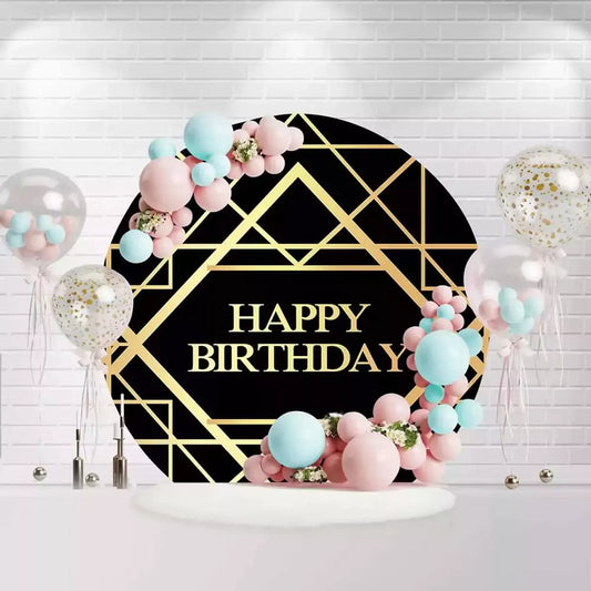 Round Happy Birthday backdrop with black background and gold geometric pattern
