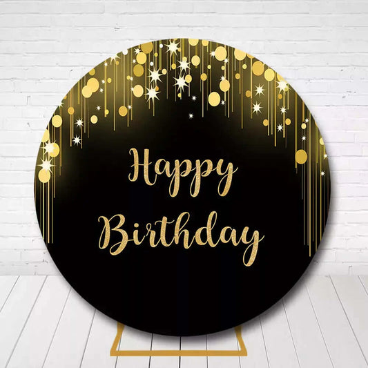 Round black and gold happy birthday backdrop with sparkling lights