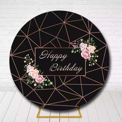 Black and pink floral round birthday backdrop with geometric background