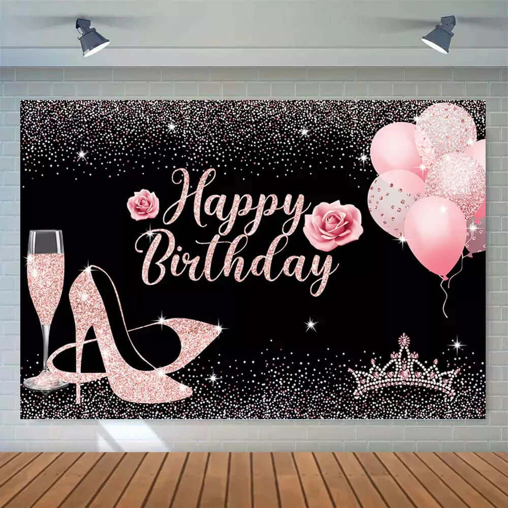  Black Rose Gold Glitter Balloons Heels Laday Woman Birthday Party Backdrop