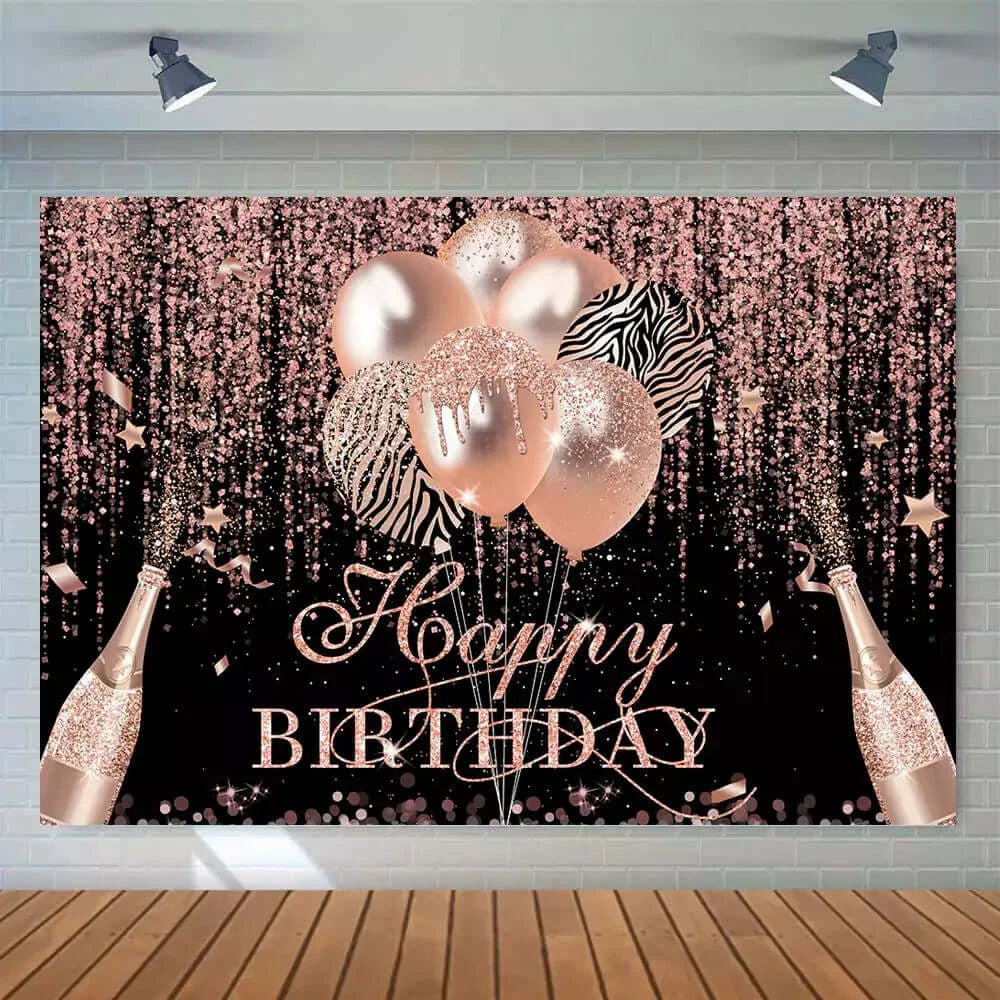 Black Rose Gold Glitter Balloons Champagne Lady Woman Birthday Party Background