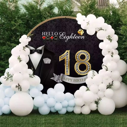 Hello Eighteen casino birthday backdrop with playing cards, dice, and golden numbers