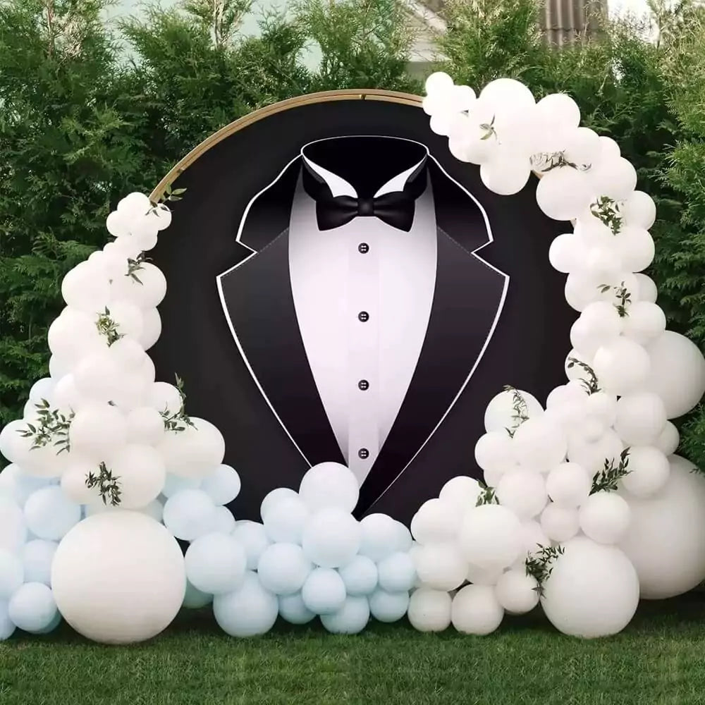 Sleek and stylish black tuxedo backdrop with a bow tie, ideal for birthday parties and special events