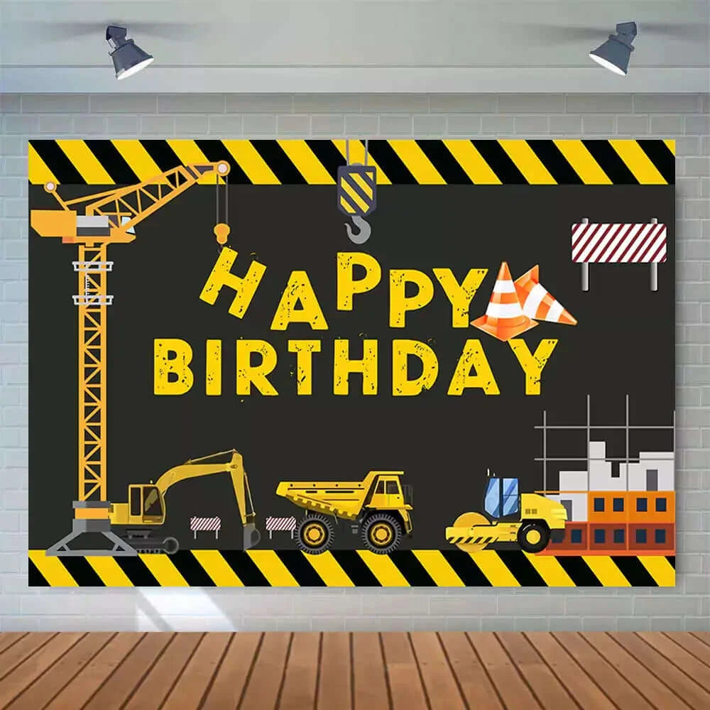 Black Yellow Dump Truck Construction Party Background For Boys Birthday Photography Banner