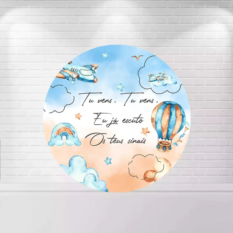 Decorative round backdrop with a whimsical hot air balloon, clouds, and airplane, perfect for kids' parties and baby showers.