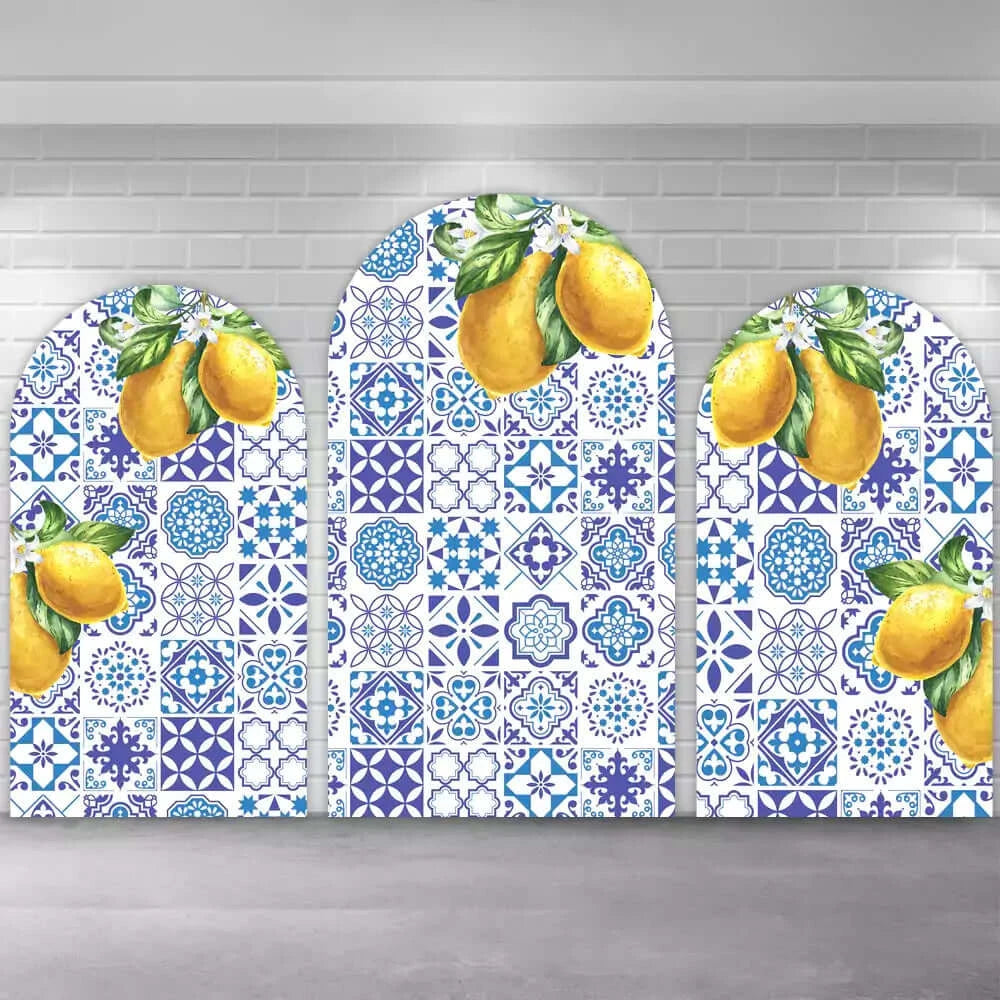 Blue and White Porcelain Lemon Morocco Mediterranean Arch Backdrop Cover