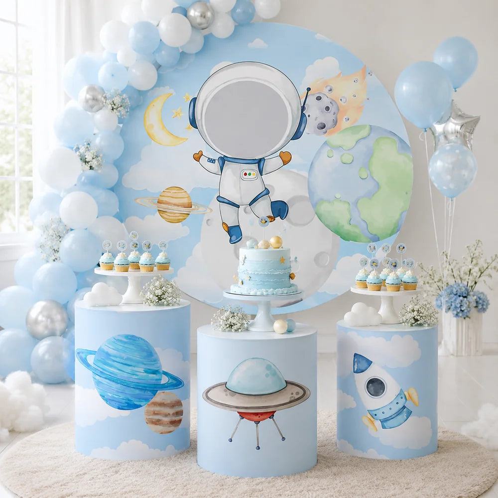 Blue astronaut space party set with one round backdrop and three matching cylinder covers featuring planets, UFO, rocket and cloud designs.