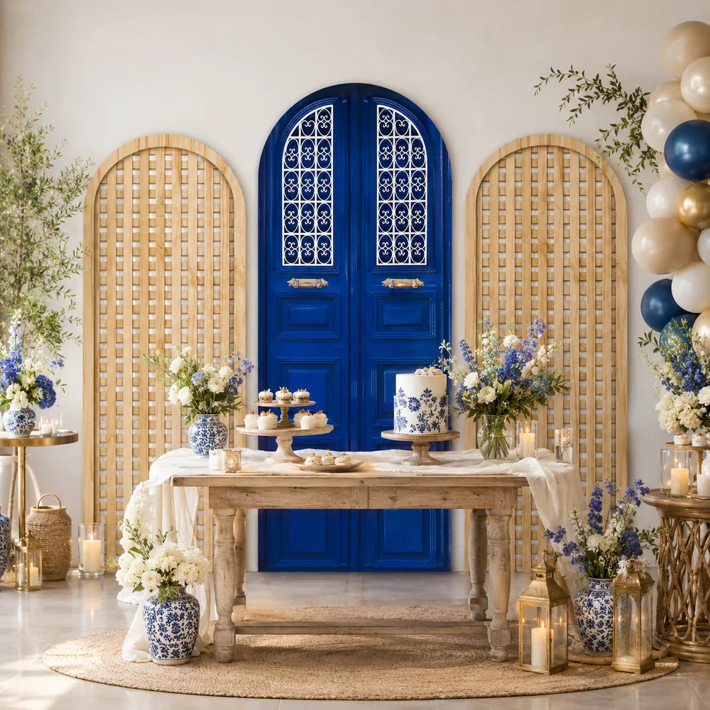 Elegant blue door party set with three arch backdrop covers featuring a royal blue double door and two natural wood lattice panel designs.