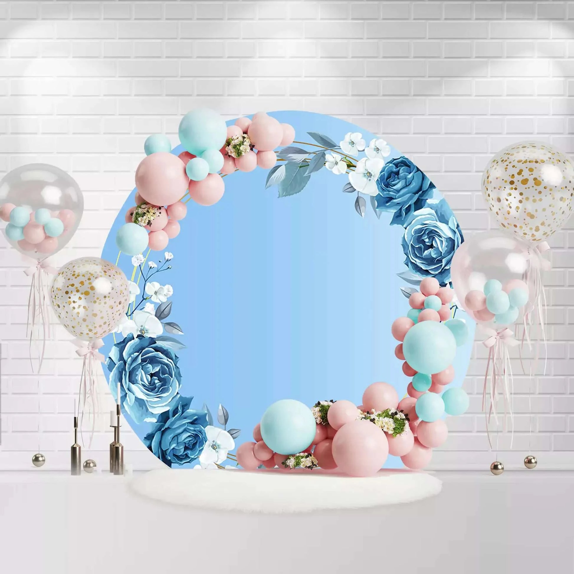 Blue Flower Florals Wedding Round Backdrop Cover