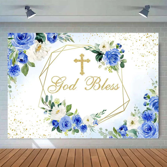 Blue Flowers Glitter God Bless Baptism Holy Communion Backdrop