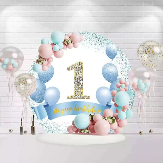 1st birthday backdrop with blue glittery balloons and a golden "1" surrounded by a blue ribbon that reads "Happy Birthday"