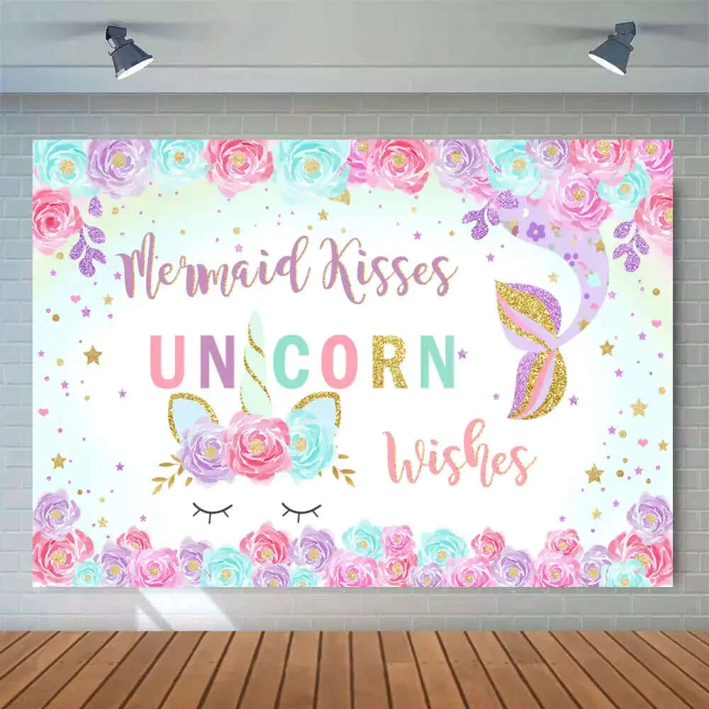 Blue Pink Purple Flowers Mermaid Unicorn Girls Birthday Party Photography Background