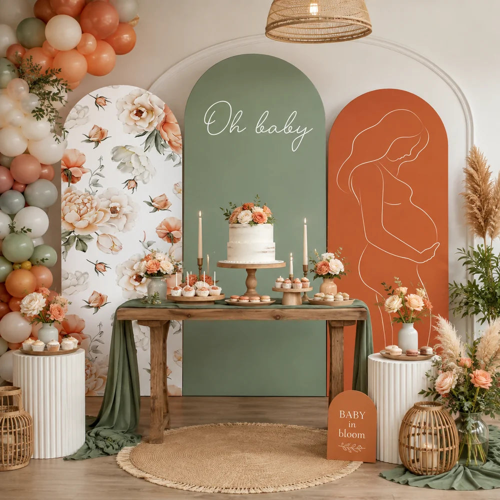 Boho baby shower set with three arch backdrop covers featuring peach and cream floral artwork, sage green Oh Baby lettering and a terracotta maternity silhouette.