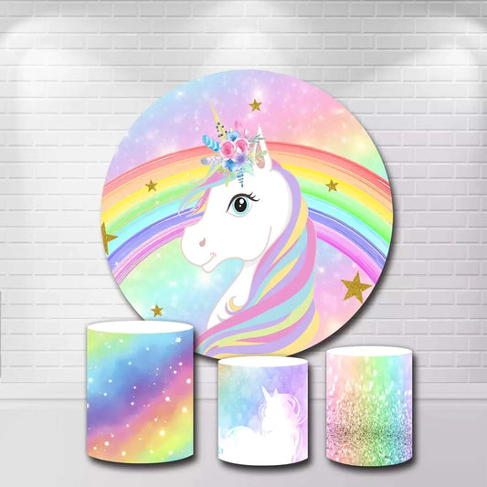 Rainbow Bokeh Unicorn Party Round Backdrop and Cylinder Covers