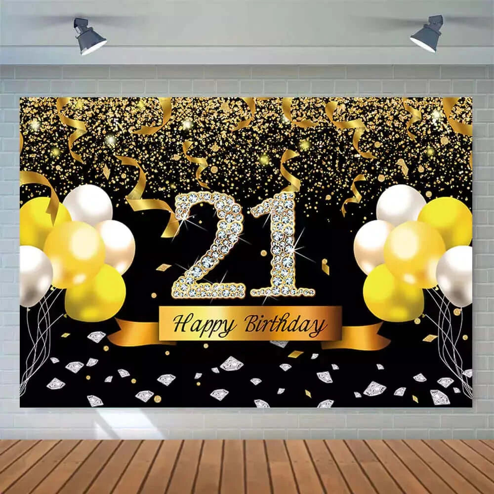 Black And Gold Balloons Boken Glitter Happy 21 Birthday Photography Background