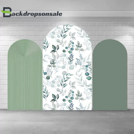 Botanical-themed arch backdrop set with three panels, including a green striped design, watercolor greenery pattern, and solid green panel, perfect for weddings and nature-inspired events.