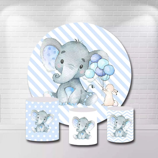 Blue Elephant Boy Baby Shower Round Circle Backdrop and Plinth Covers