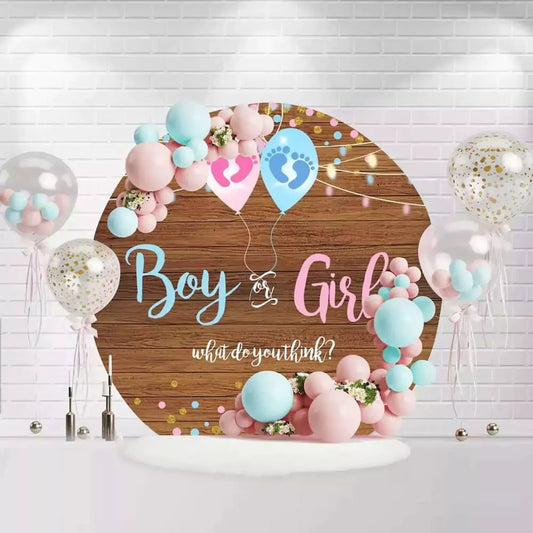 Boy or Girl circle backdrop featuring fairy lights, confetti, and rustic wood for baby shower