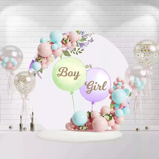Round gender reveal backdrop with boy or girl balloons and purple floral design