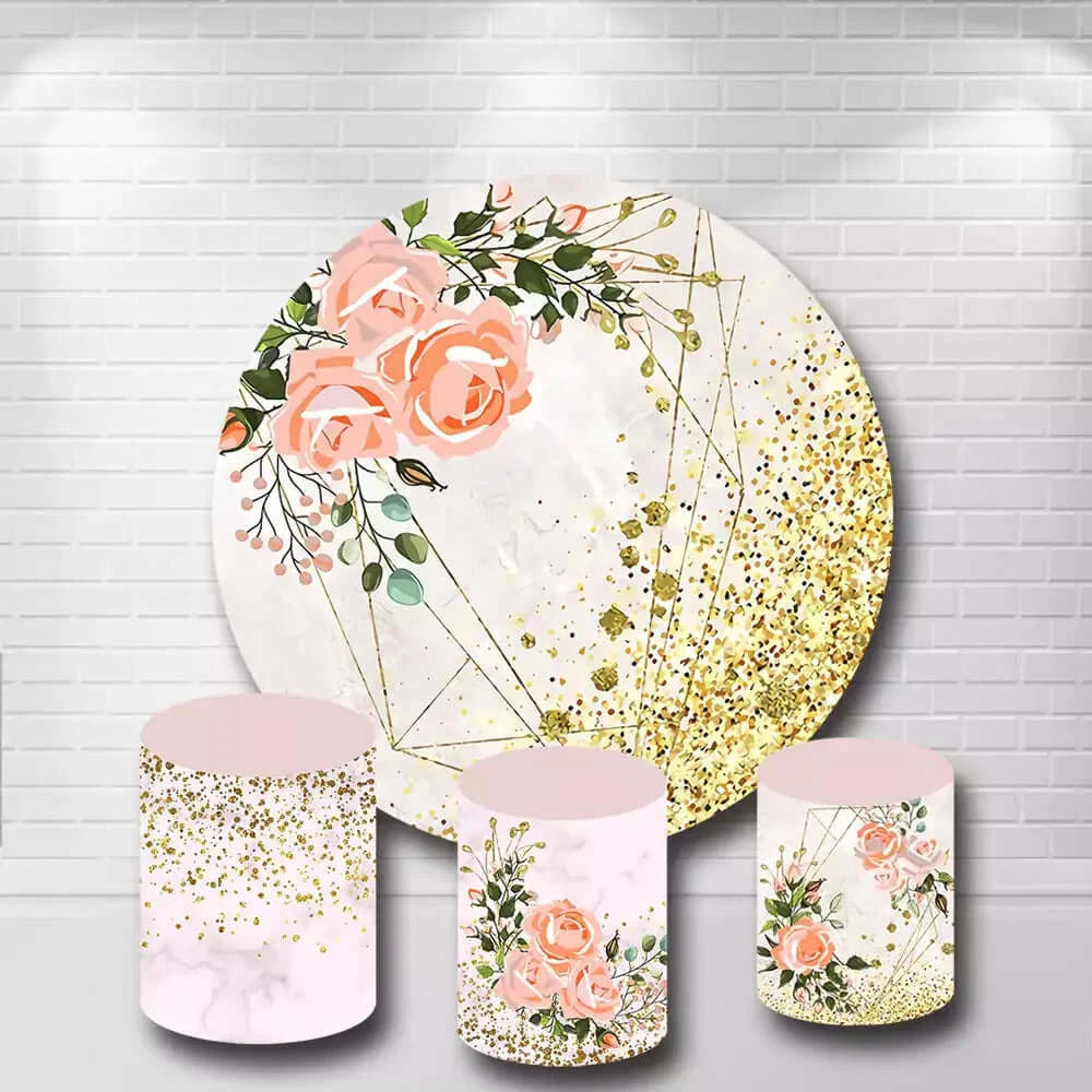 Pink Flower Gold Glitter Dots Lady Woman Birthday Circle Background and Plinth Covers