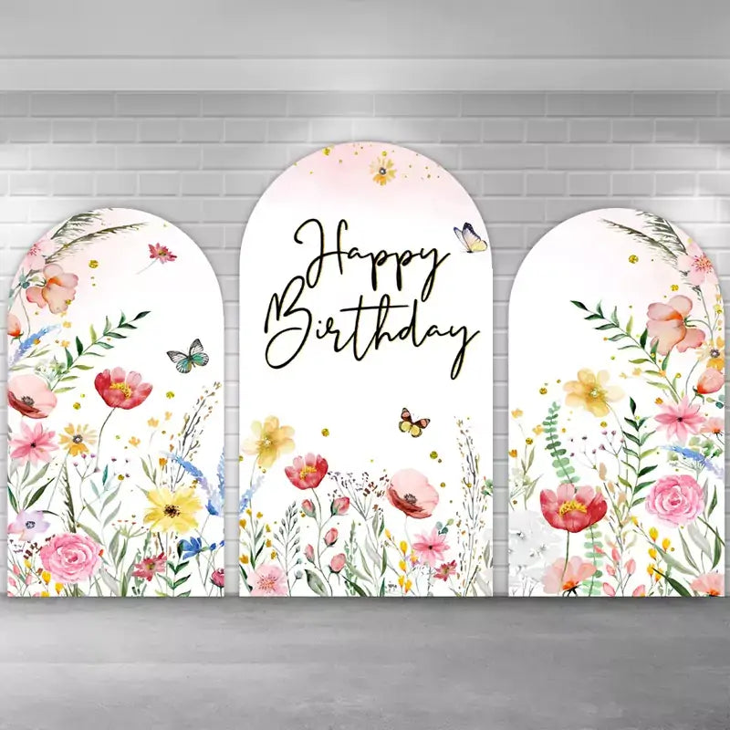 Watercolor-style 3-panel birthday backdrop set with colorful flowers, butterflies, and leaves surrounding the words ‘Happy Birthday’—ideal for birthdays, baby showers, or outdoor celebrations.