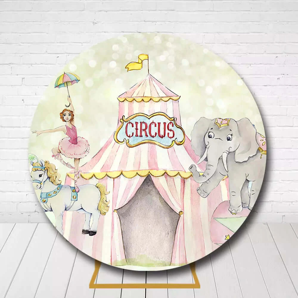 Carnival theme circle backdrop featuring circus tent and performers for kids party decoration