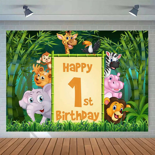 Cartoon Animal Wild Safari Jungle Theme 1st Birthday Banner