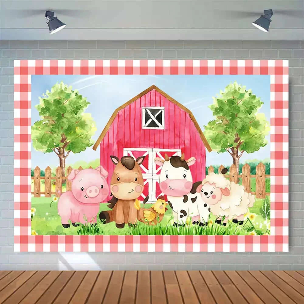 Cartoon Animals Fence Farm Theme Photography Backdrop