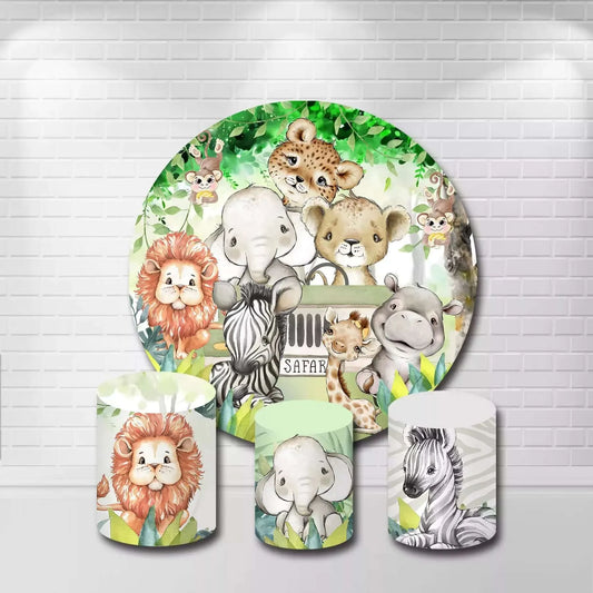 Cartoon Animals Safari Jungle Party Round Backdrop Cover and Plinth Covers