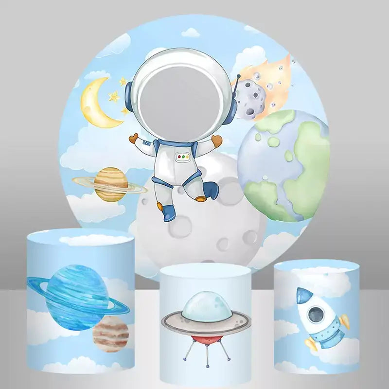 Galaxy birthday decor with astronaut circle background and blue planet cylinder stands