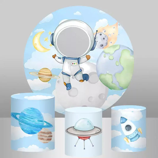 Galaxy birthday decor with astronaut circle background and blue planet cylinder stands