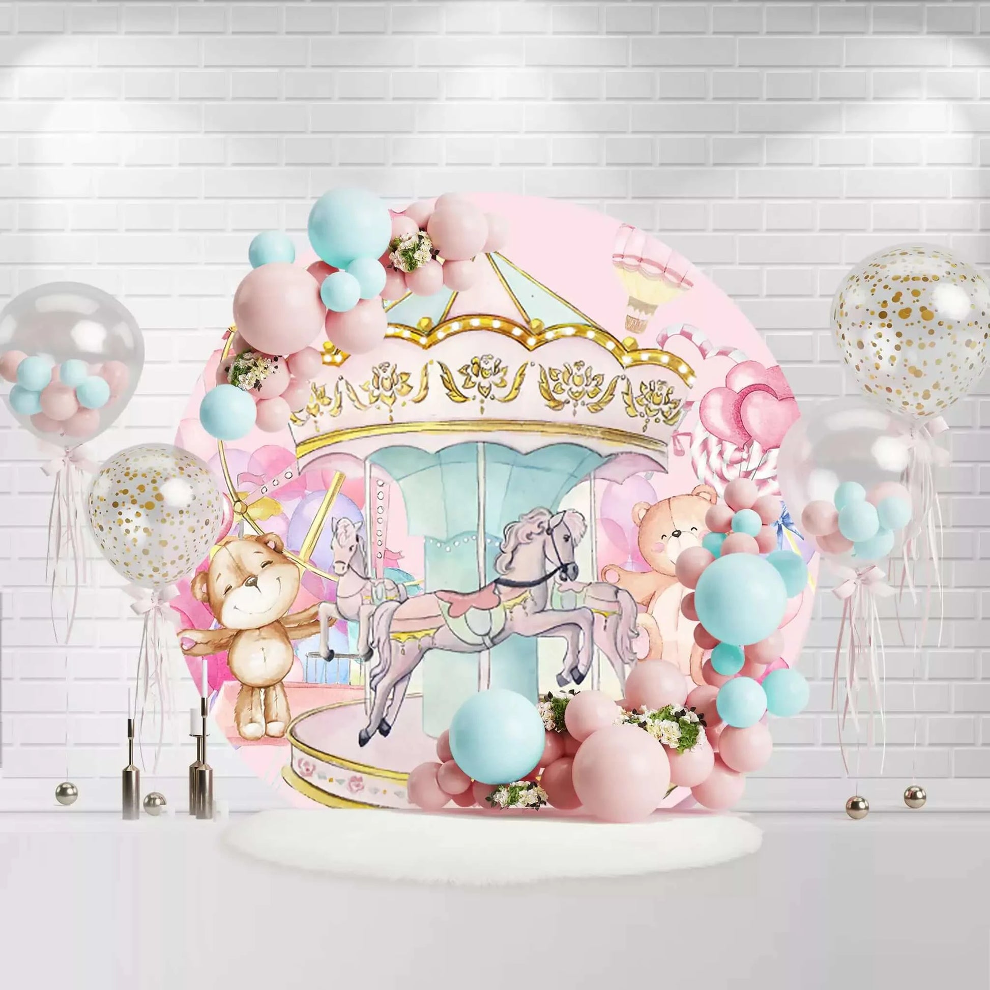 Pink Carousel Girls Birthday Party Round Backdrop Cover