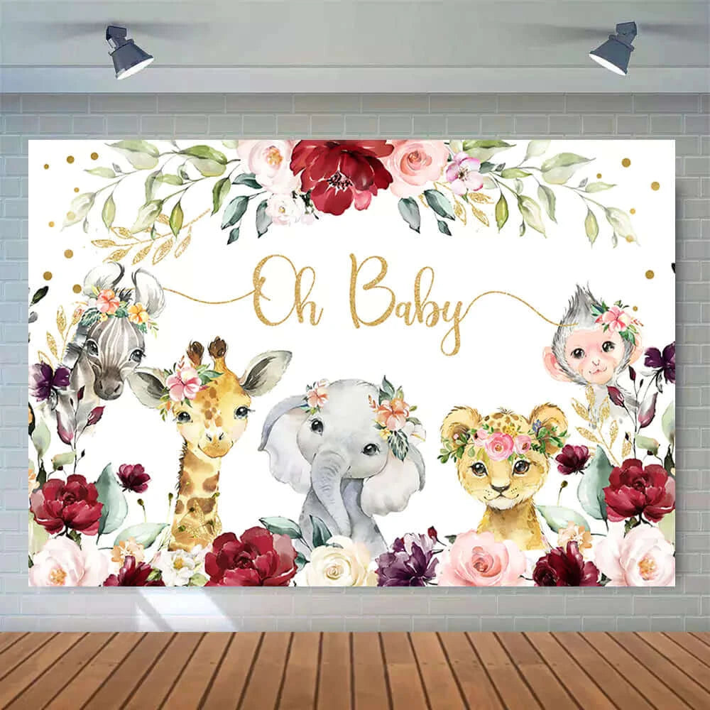 Cartoon Cute Animals Flowers Oh Baby Theme Backdrop