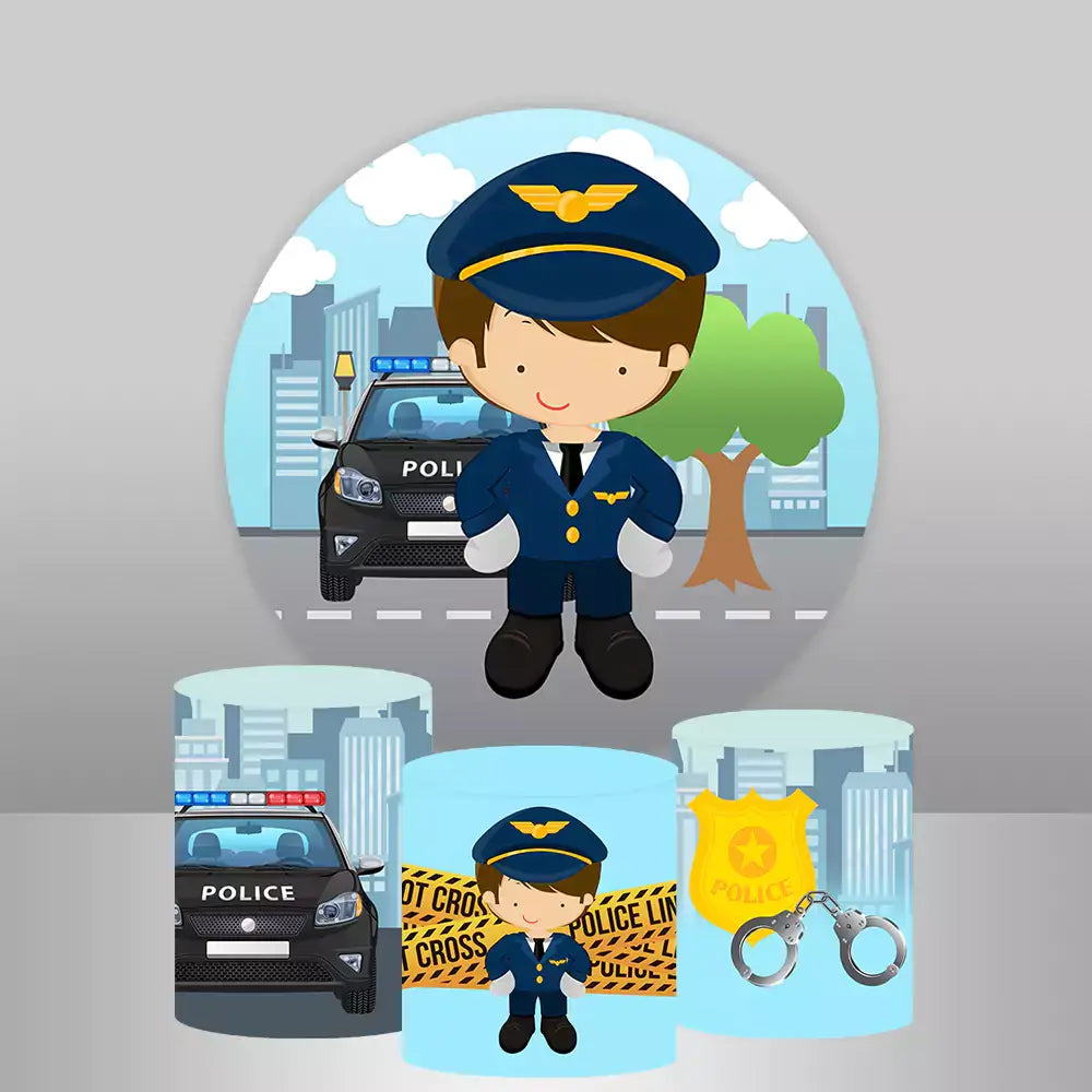 Police-themed round backdrop with a cartoon police officer and patrol car, along with three matching cylinder covers featuring a police badge, handcuffs, and police car designs.