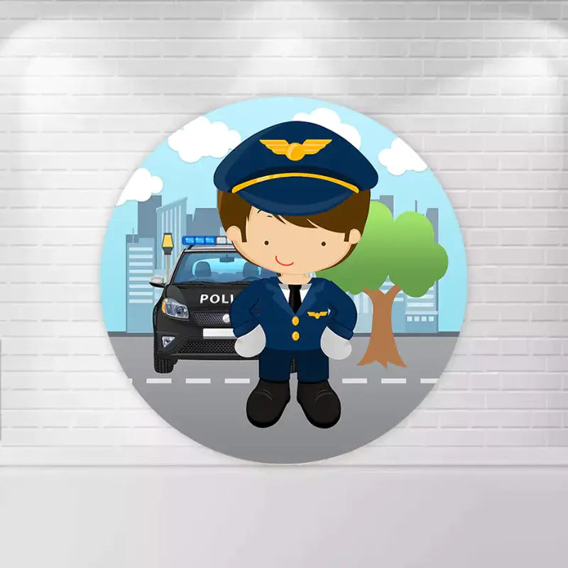 Round backdrop with a cartoon police officer standing in front of a patrol car, set against a cityscape background.