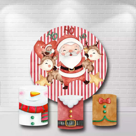 Cartoon Santa Claus Christmas Red White Striped Circle Background and Snowman Cylinder Covers