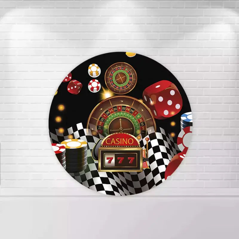 Round backdrop featuring a roulette wheel, casino chips, dice, and a slot machine displaying "777" with a luxurious theme.