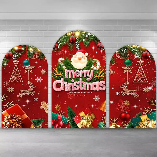 Festive 3-piece Christmas and New Year backdrop set with Santa, ‘Merry Christmas’ lettering, reindeer, stars, gifts, and holiday decorations, perfect for Christmas parties or holiday photo booths.