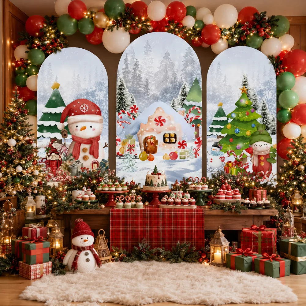 Christmas winter party set with three arch backdrop covers featuring a snowman, gingerbread house, decorated Christmas tree, gifts and snowy forest scenery.