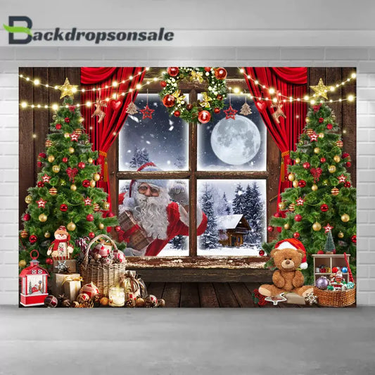 Christmas photo backdrop featuring Santa Claus peeking through a window, decorated trees, and holiday ornaments.