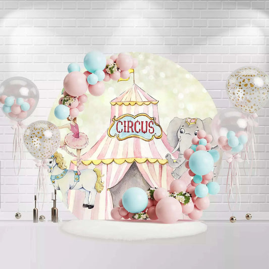 Round circus backdrop with tent, ballerina, horse, and elephant for birthday party