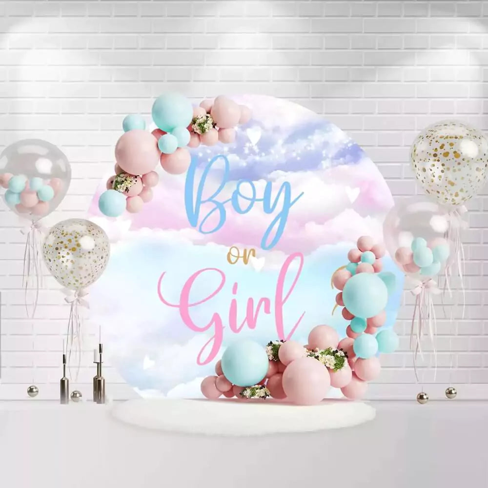 Round gender reveal backdrop with pastel pink and blue clouds and Boy or Girl text