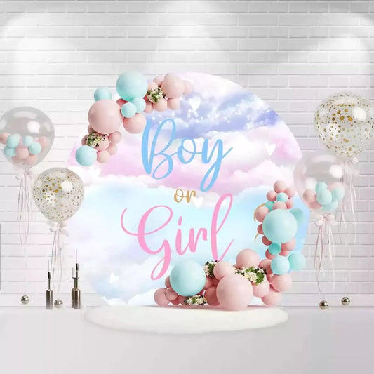 Round gender reveal backdrop with pastel pink and blue clouds and Boy or Girl text