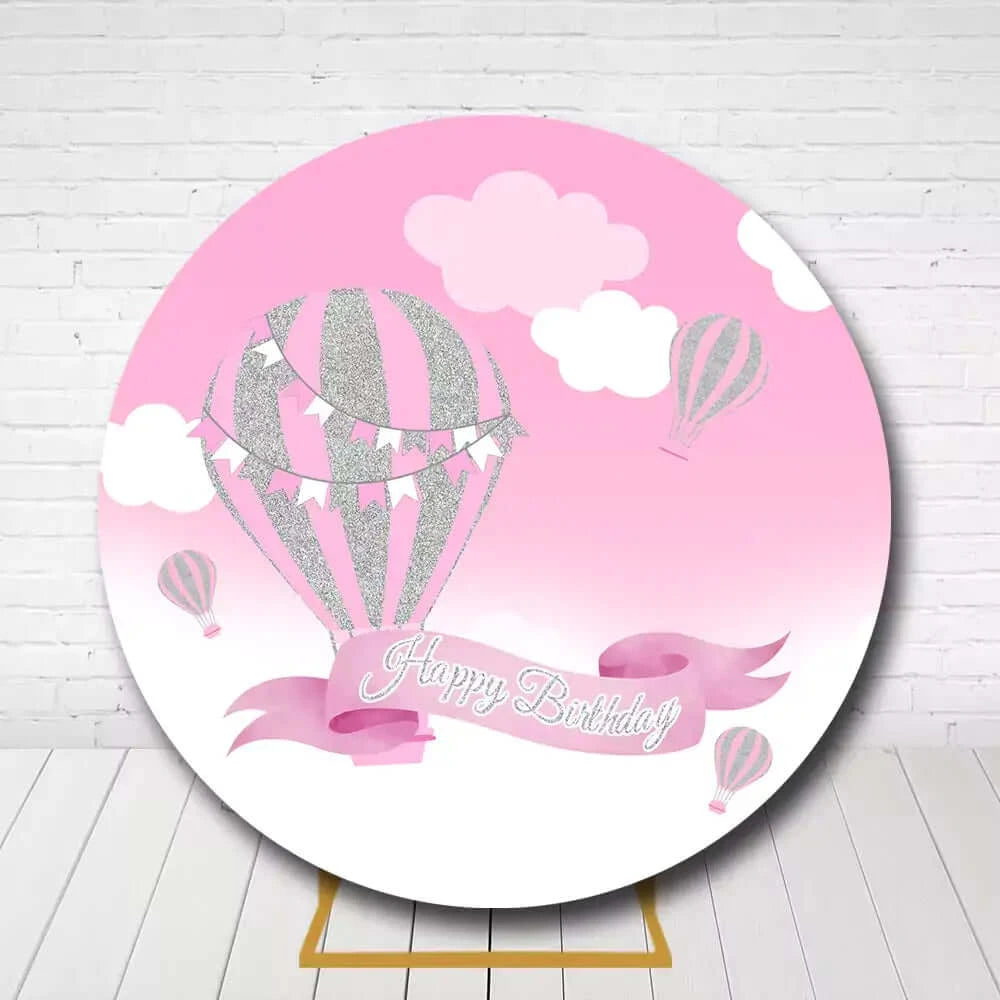 Pink Tone Hot Air Balloons Clouds Girls Birthday Party Circle Background